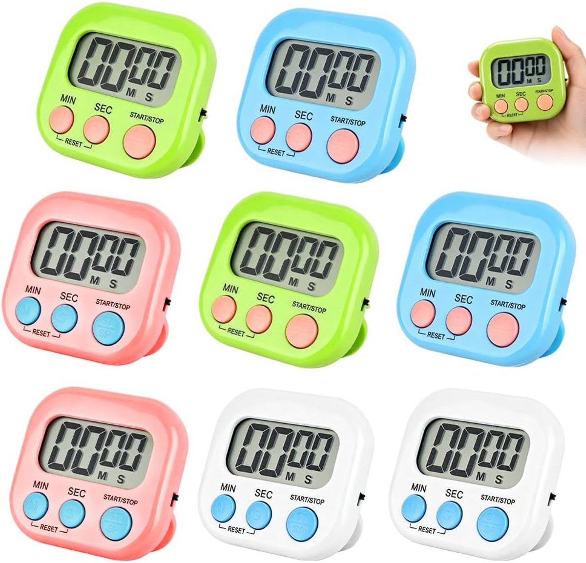 Keukentimers met 4 kleuren, digitale timer, stopwatch met groot lcd-scherm, klapstandaard en magneet, voor studie, keukenwerk