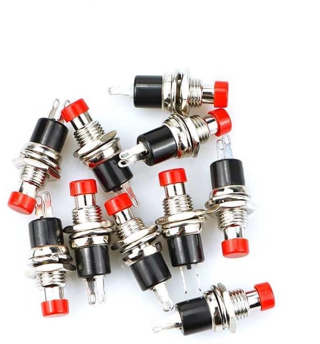10 stuks Mini-drukknopschakelaar SPST Momentaan-schakelaar 220V/2A - Rode industriestandaard schakelknop met 6,8 mm schroefdraad voor elektrische installatie, werkplaats en modificatie