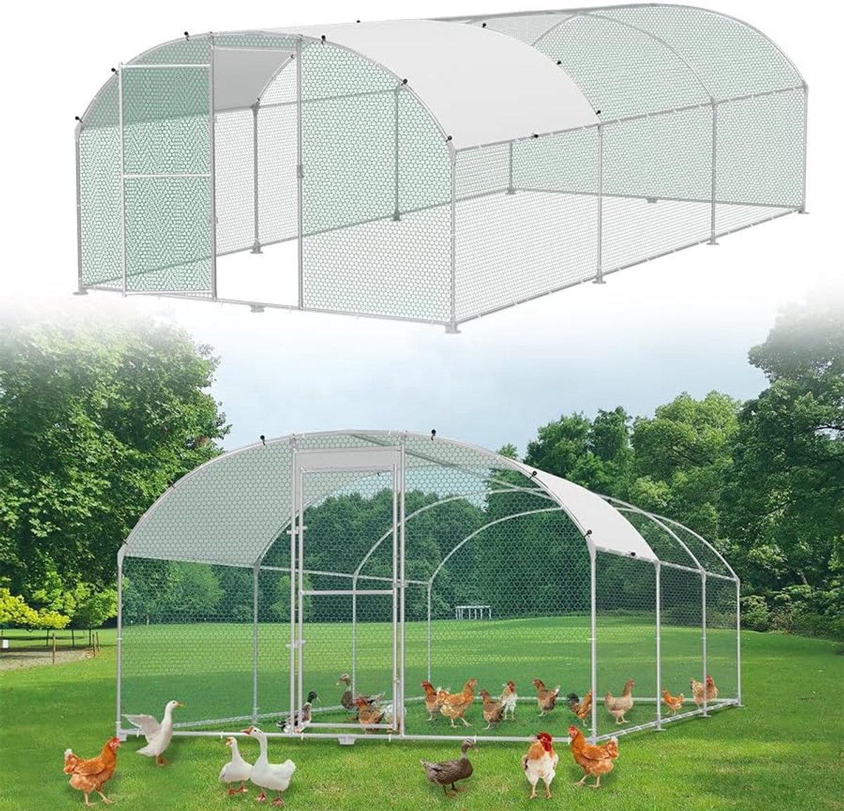 Vrijloophok 3 x 6 x 2 m, kippenhok, huisdierkooi, buitenren, verzinkt stalen frame, boogopzetstuk, kippenkooi, volière met dakzeil, zonnedak, winterbestendig, voor huisdieren en vogelkooi