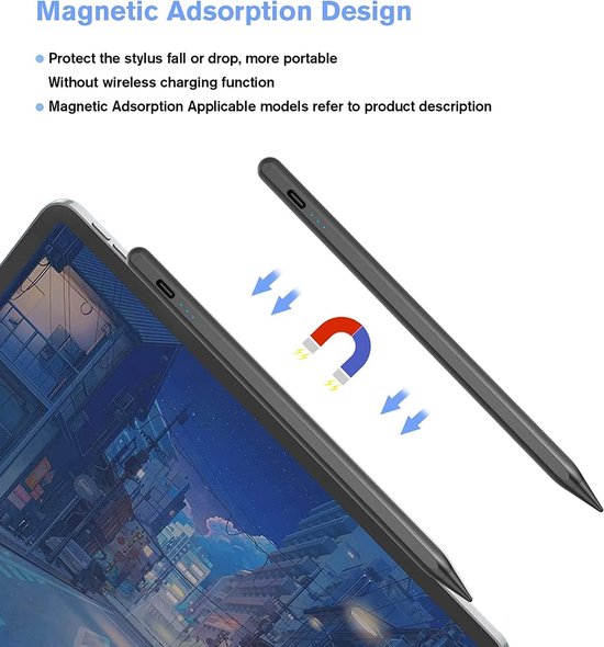 Stylus Pencil compatibel voor Apple iPad (2018-2022), cimetech styluspennen voor aanraakschermen met palmafwijzing, kantelen en magnetische detectie, vervangende tips, aanraakactief ontwerp - zwart — afbeelding 5