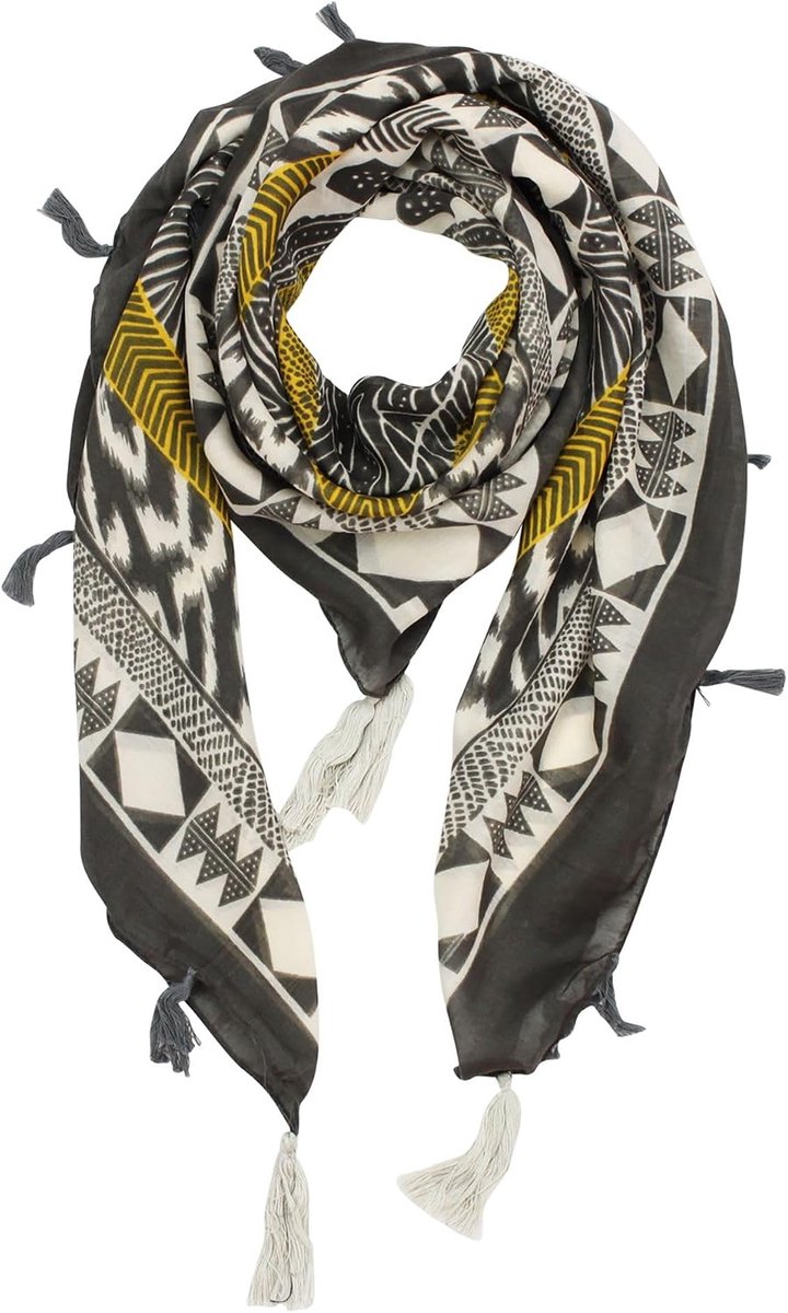 Scene Halsdoek - 95x105 cm - Ethno - Animalprint - Franjes - grijsgeel 02