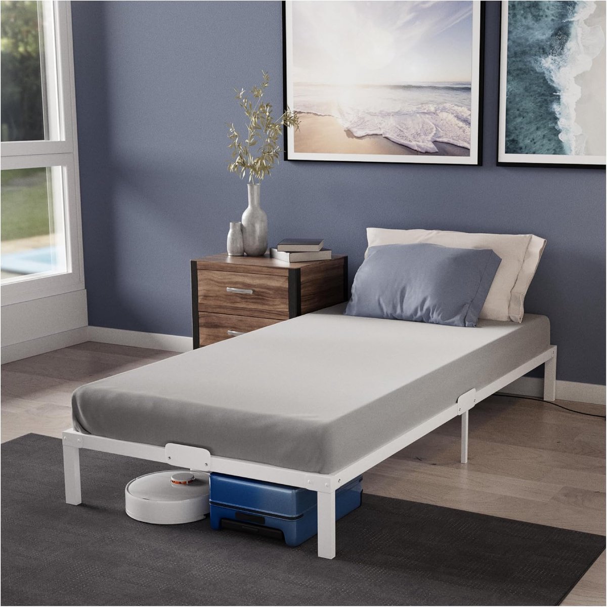 Bedframe 90 x 190 Van Metaal, Bedframe 90 x 190 Voor Matrassen Eenpersoonsbed, Hoogte 35 cm, Robuust, Eenvoudige Montage, Omvangrijke Opbergruimte, Witte Lattenbodem