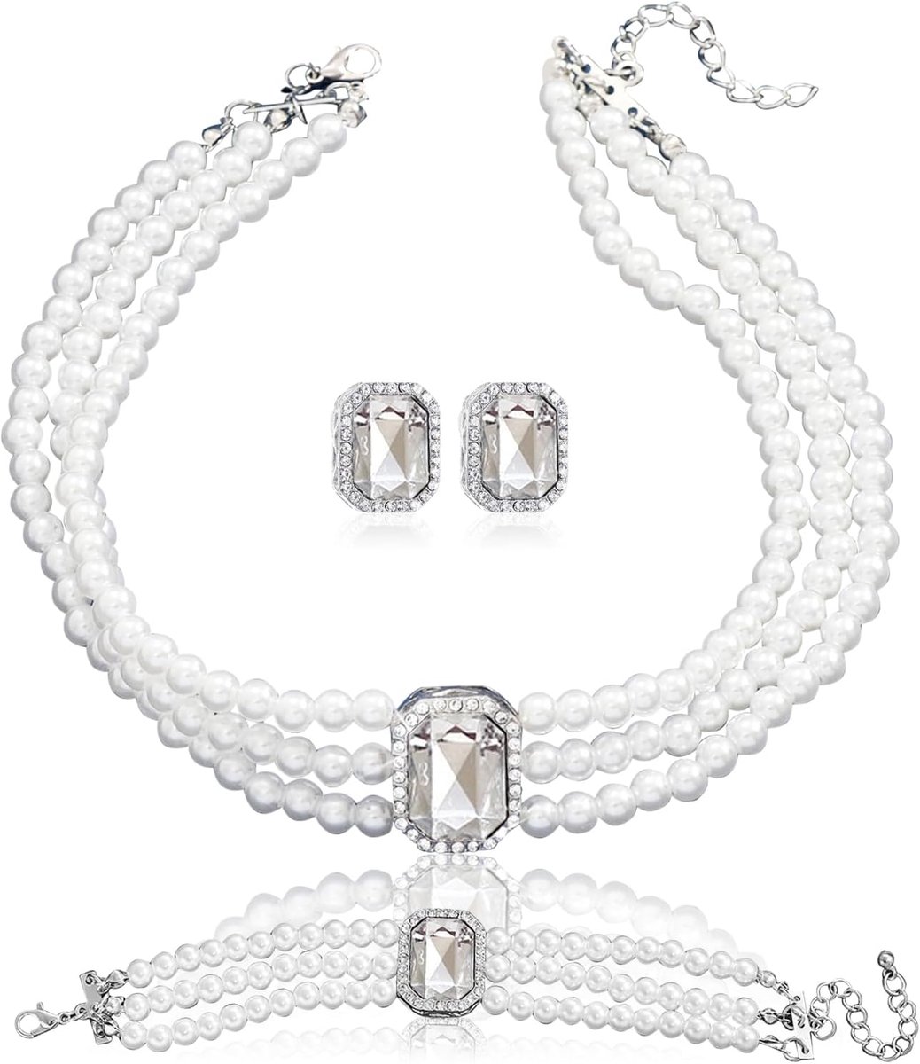 3 stuks parelsieraden voor dames, strass, kristallen parels, choker, halskettingen, armband, oorbellen, meerdere rijen sieraden met kristallen hanger, voor vrouwen, bruid, bruidsmeisje