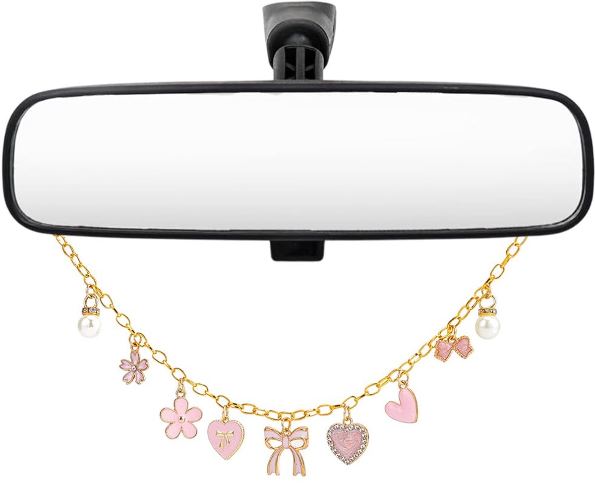 Hangende ornamenten achteruitkijkspiegel - roze booghart - parel aluminium - schattige vrouwelijke esthetiek - ShopVlot