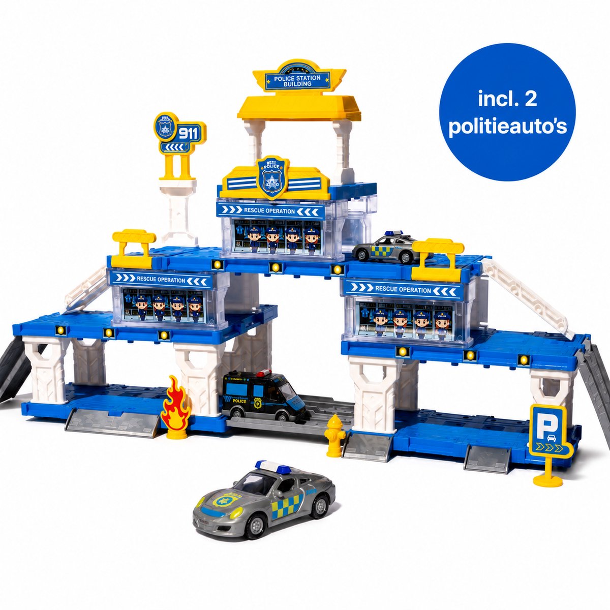 DMG Supply Politiegarage - 4-in-1 - Politiebureau met 2 Metalen Auto’s - 3 Laags Parkeergarage - Speelset