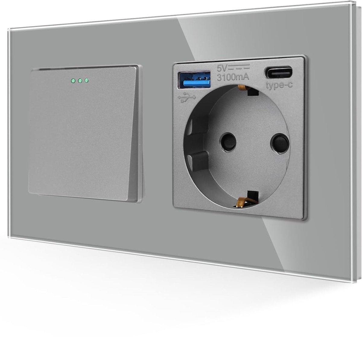 Wandcontactdoos met USB-aansluiting - Grijs - Modern glasplaat - Eenvoudig te installeren - ShopVlot