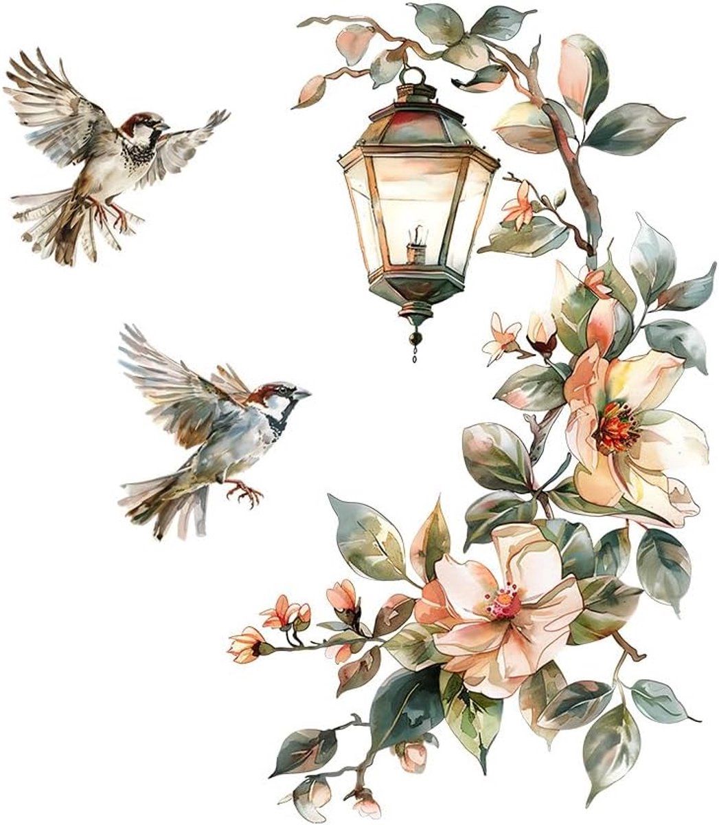 Muursticker bloemen en vogels - handgeschilderd design - artistieke decoratie - ideaal voor slaapkamer en woonkamer - ShopVlot