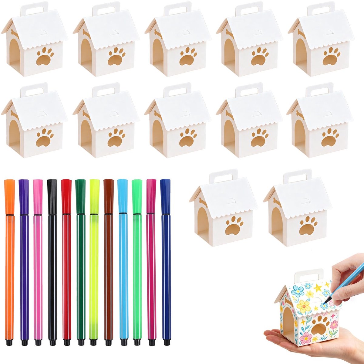 Feest geschenkdozen wit 12 stuks - met kleurpennen - DIY hondenhok traktatiedoosjes - perfect voor knutselfeesten - ShopVlot