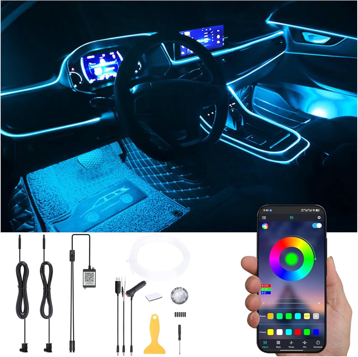 Auto-omgevingsverlichtingskit 3m - Glasvezel RGB - Geluid Actieve Muziek Sync - Bluetooth APP Controle - ShopVlot