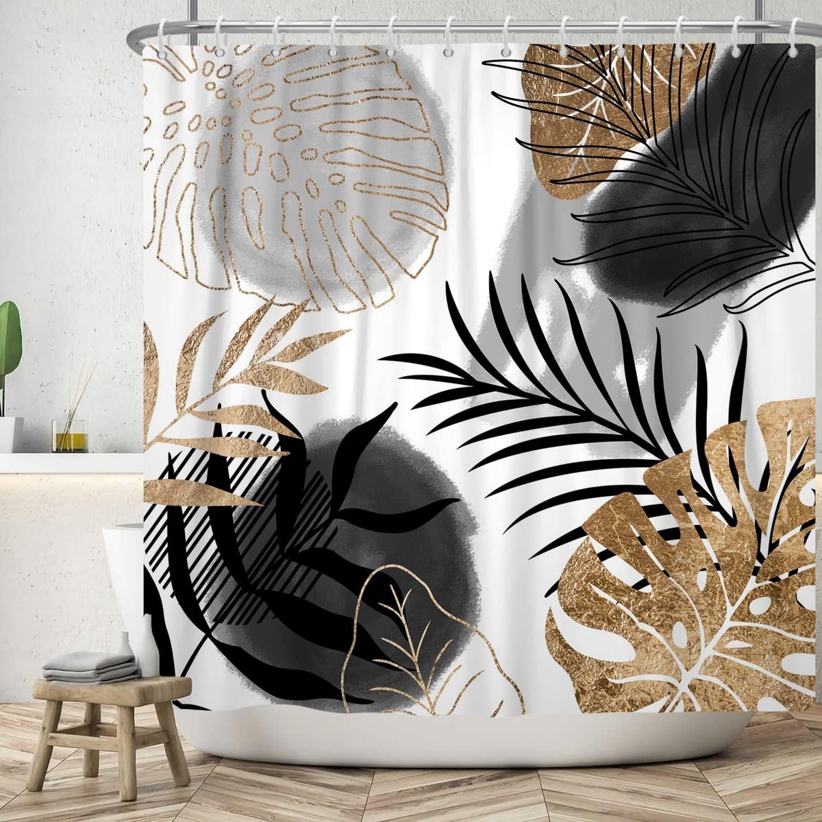 Douchegordijn 152x183cm - Abstracte Plant Blad - Zwart Gouden Monstera - Verfris je badkamer - ShopVlot