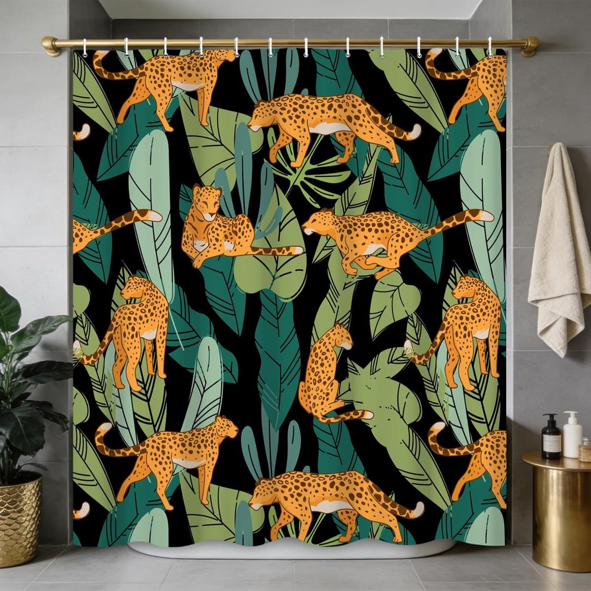 Douchegordijn 180x180cm - Jungle Leopard - Waterbestendig - Tropische bladeren en dieren - ShopVlot