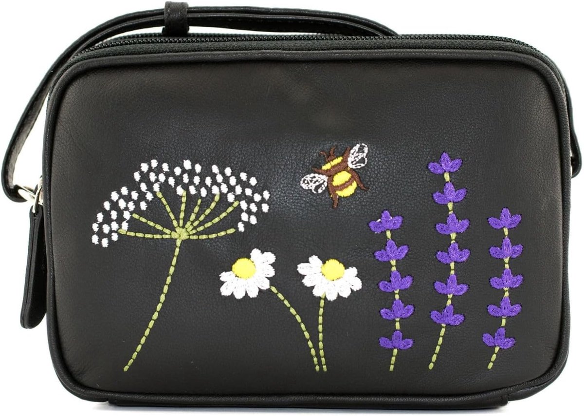 Leren crossbody tas - zachte echt leren tas - geborduurde bij en bloemen - lichtgewicht en stijlvol - ShopVlot