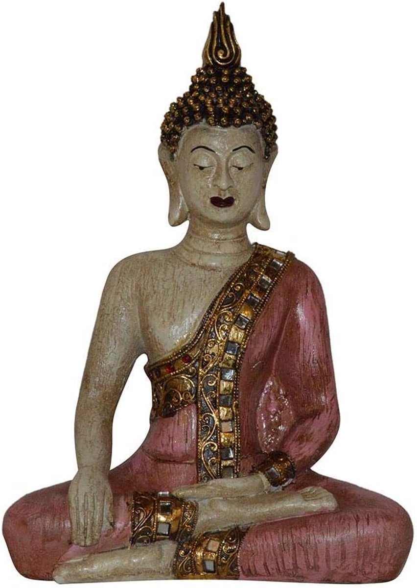 Buddha beeld 25 cm - polyresin - roze houtlook - inspirerende decoratie - ShopVlot