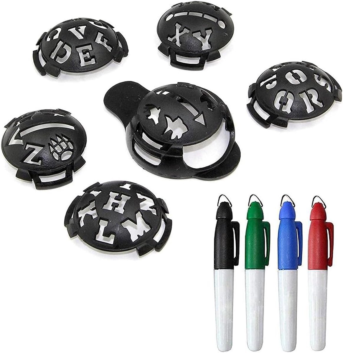 Golfball markeringsset 10 stuks - 6 sjablonen en 4 kleurmarkers - handig voor betere putteruitlijning - ShopVlot