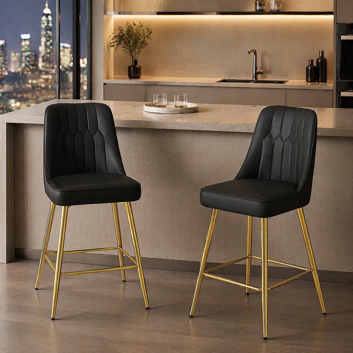 COVREO Barkruk set van 2 100 cm zwart goud, PU-leer met metalen frame en voetsteun