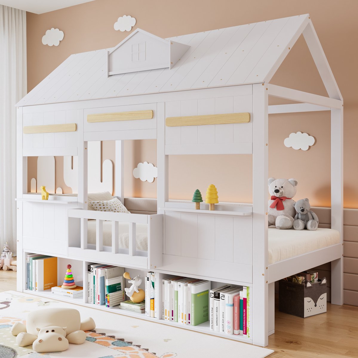 REDOM - Hoogslaper - Huisdesign - Boekenplank - Lattenbodem - Hout en MDF - Wit - 90 x 200 cm - 207 x 97,4 x 193,1 cm - Kinderkamer