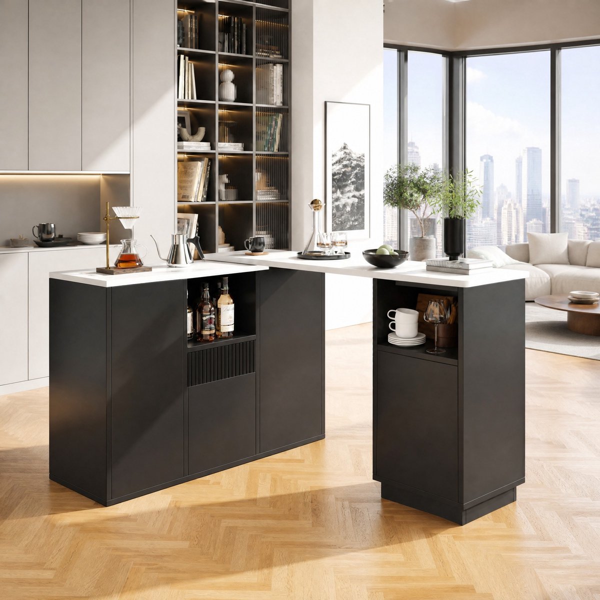 MODFU - Bartafel - 360° Draaibaar - Marmerlook - Opbergruimte - Zwart - 210 x 30 cm