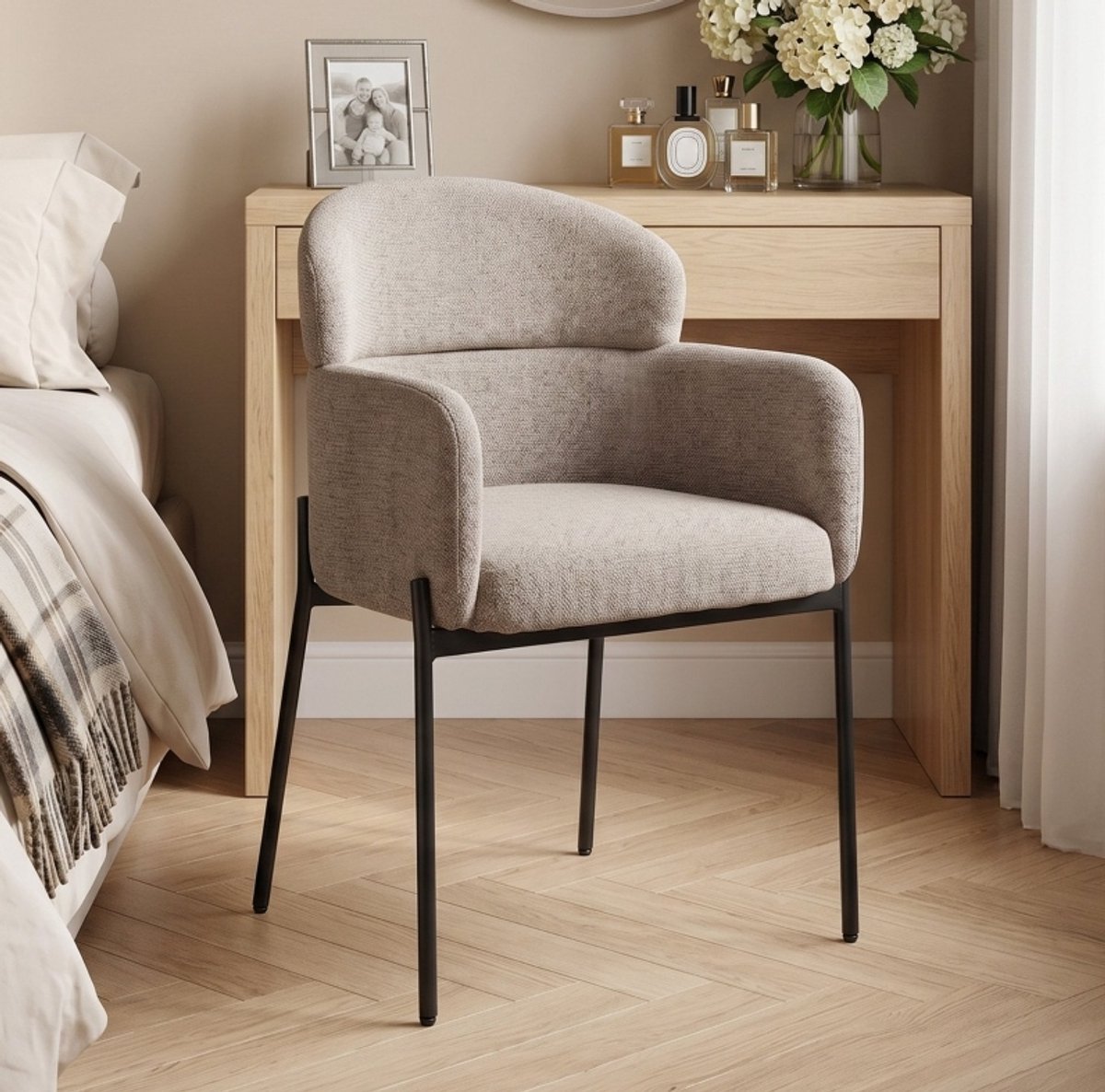 FloraGrace Fauteuil 60 x 57 cm - Ergonomische Rugleuning Met Armleuningen - Voor Woonkamer Of Slaapkamer - Polyester - Lichtbruin