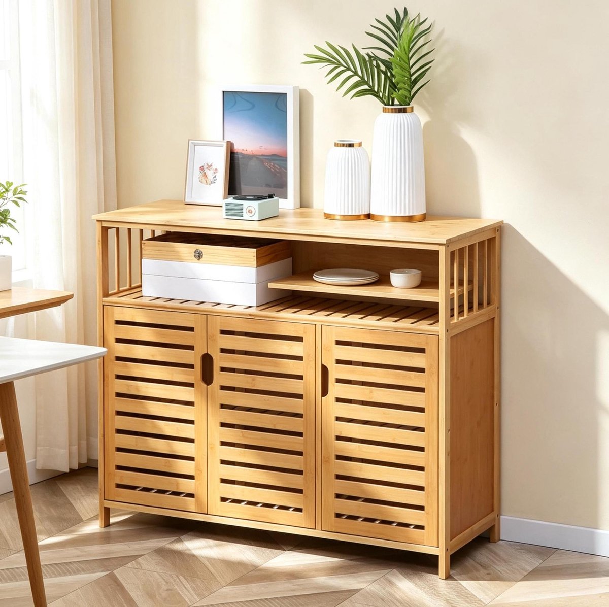 STILVORA Dressoir - Opbergkast Met Lamellendeuren En Open Vak - Voor Woonkamer, Eetkamer En Slaapkamer - Bamboe - Natuurlijk - 100x35x82 Cm