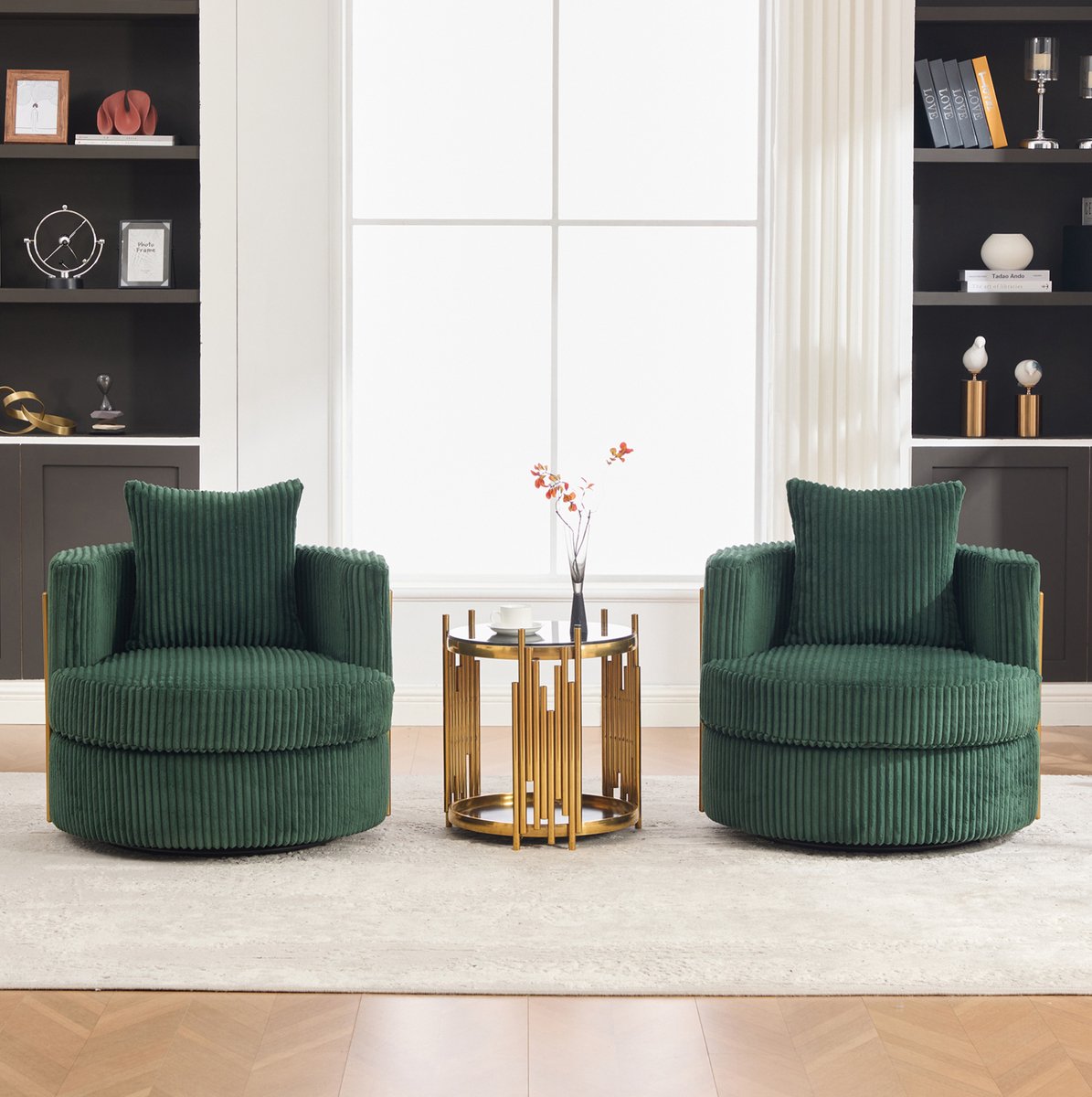 MIVRAY Fauteuil 2-delige Set 76 x 79 x 78 cm - 360 Graden Draaibaar Met Opbergruimte - Voor Woonkamer En Slaapkamer - Cord Smaragdgroen