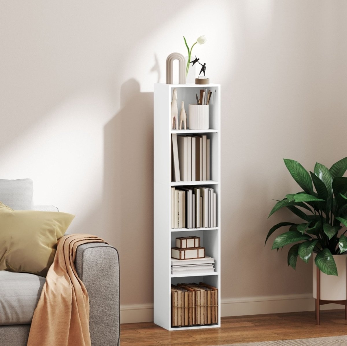 Boekenkast Verstelbare Planken 30 x 24 x 133,5 Cm Spaanplaat Wit Open Opbergruimte Met Kantelbeveiliging Voor Woonkamer En Hal