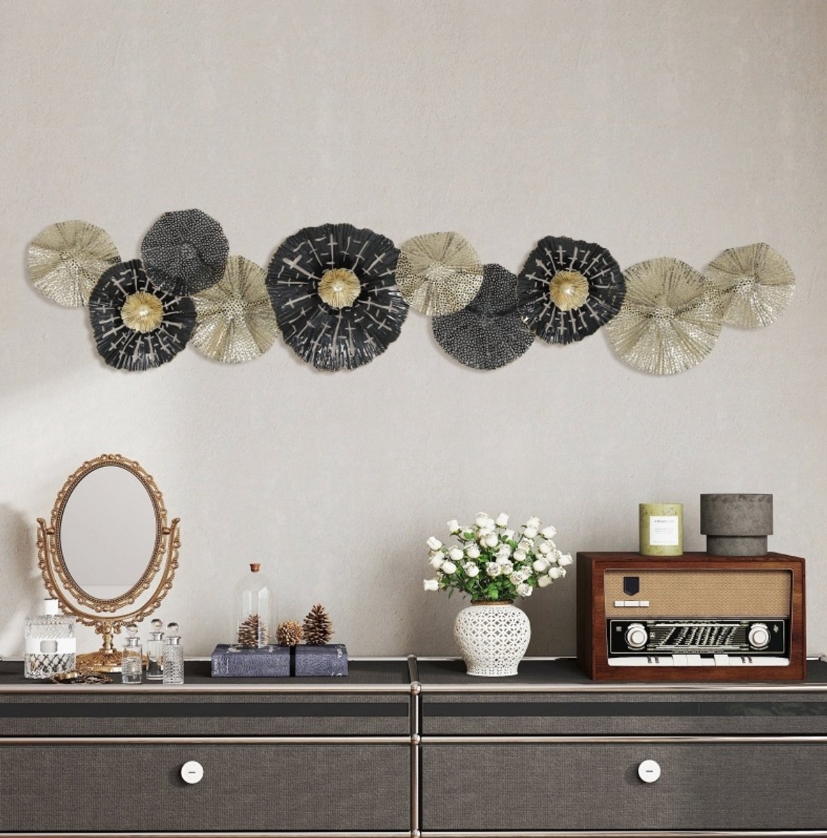 Wandbeeld Modern Metaal Met Metalen Frame 134 X 29 Cm Zwart Goud Voor Binnen Woonkamer Slaapkamer Hal