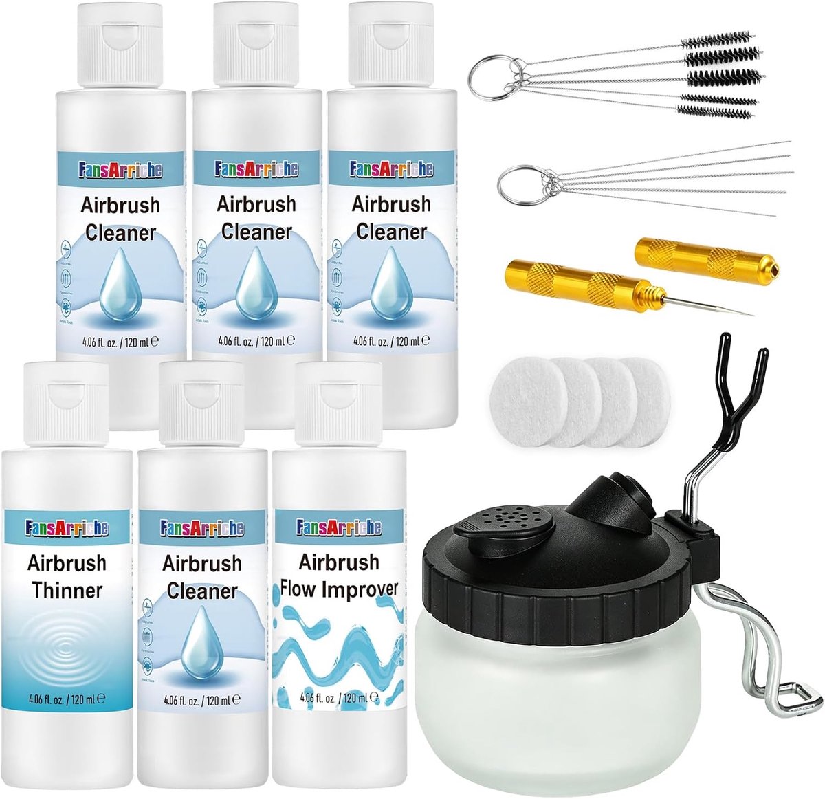 FansArriche Airbrush Reinigingsset, 4 airbrush reinigers, 1 verdunner, 1 airbrush stroomverbeter (elk 120 ml) met - ShopVlot