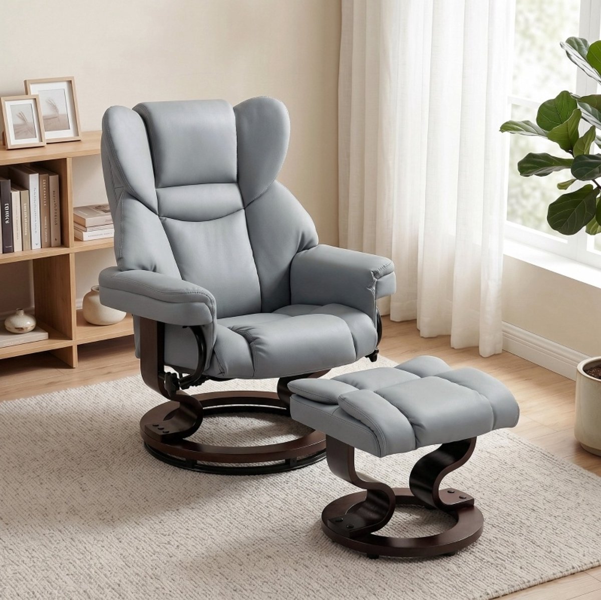 MIVRAY Relaxfauteuil 80 x 79 x 100 Cm - Handmatig Verstelbaar Tot 145 Graden Met Hocker - Voor Woonkamer - Kunstleer Lichtgrijs