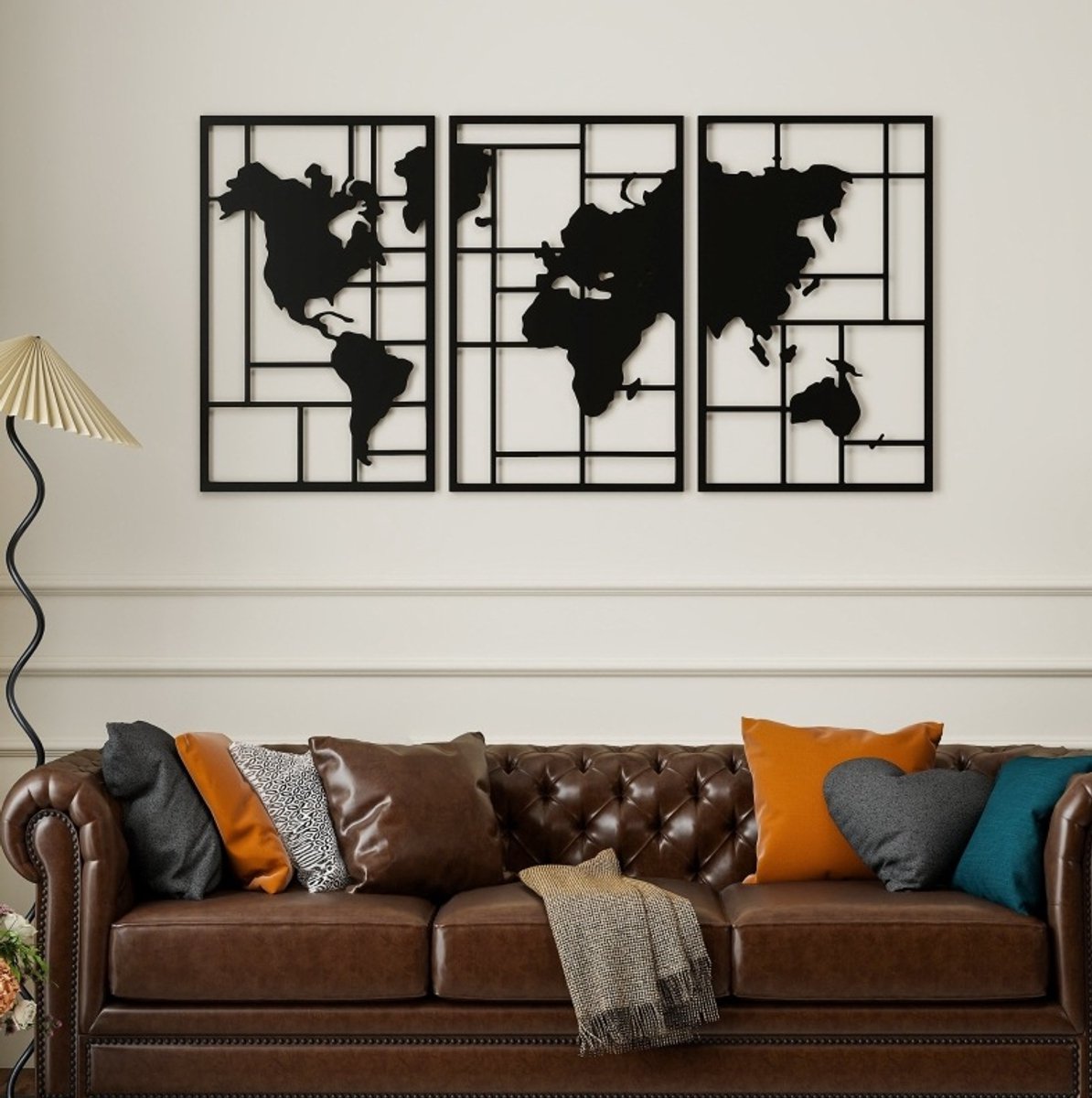 Wandpaneel Wereldkaart 3 Delig 150 X 80 Cm Metaal Zwart Modern Met Geometrische Lijnen En Direct Ophangbaar Voor Woonkamer Slaapkamer En Hal