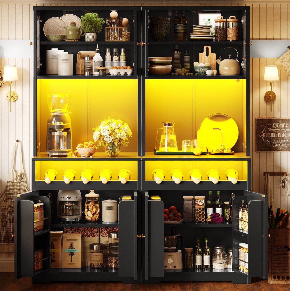 MODENUIT Keukenkast - 2-Delige Hoogkast Met RGB LED, Glazen Deuren En Wijnrek - MDF - Zwart - 140x38,3x180 Cm