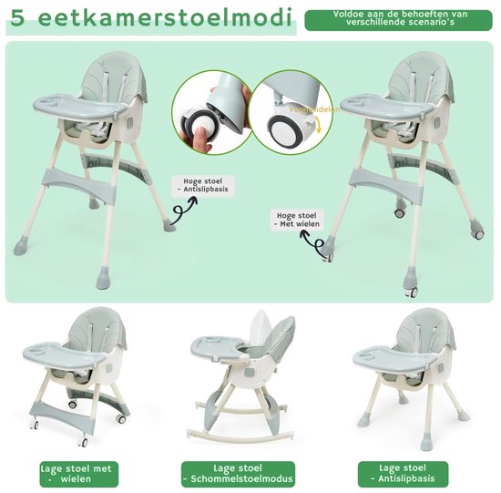 QUOVO® Kinder Eetstoel - 3-in-1 Babystoel Voor Aan Tafel Met Dienblad - Baby Stoel Voor Eten Met Wieltjes - Meegroei Kinderstoel - Baby stoeltje Zitten - Meegroeistoel Met Ligfunctie - Kindereetstoel - Groen - 52cm x 44cm x 28cm van quovo — afbeelding 4