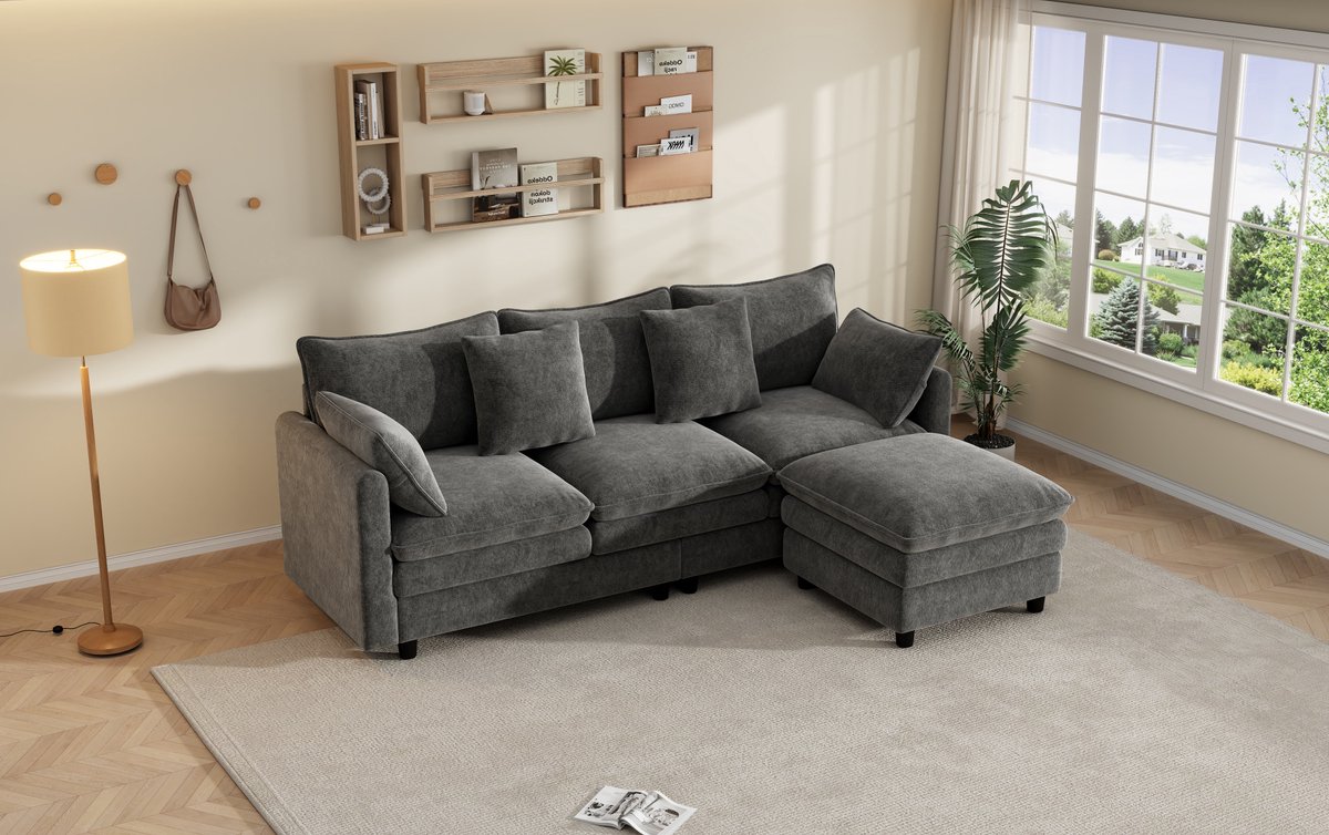 OKWISH Hoekbank 212 x 150 x 90 cm - 3-Zits Sofa Met Verplaatsbare Chaise Longue En 4 Sierkussens - Voor Woonkamer Of Kantoor - Chenille - Grijs