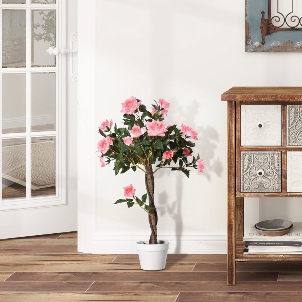 Kunstplant Realistische Rozenboom In Pot - 90 Cm Hoog - PE Kunststof - Roze - Voor Binnen En Buiten - Onderhoudsarm En Sfeervol