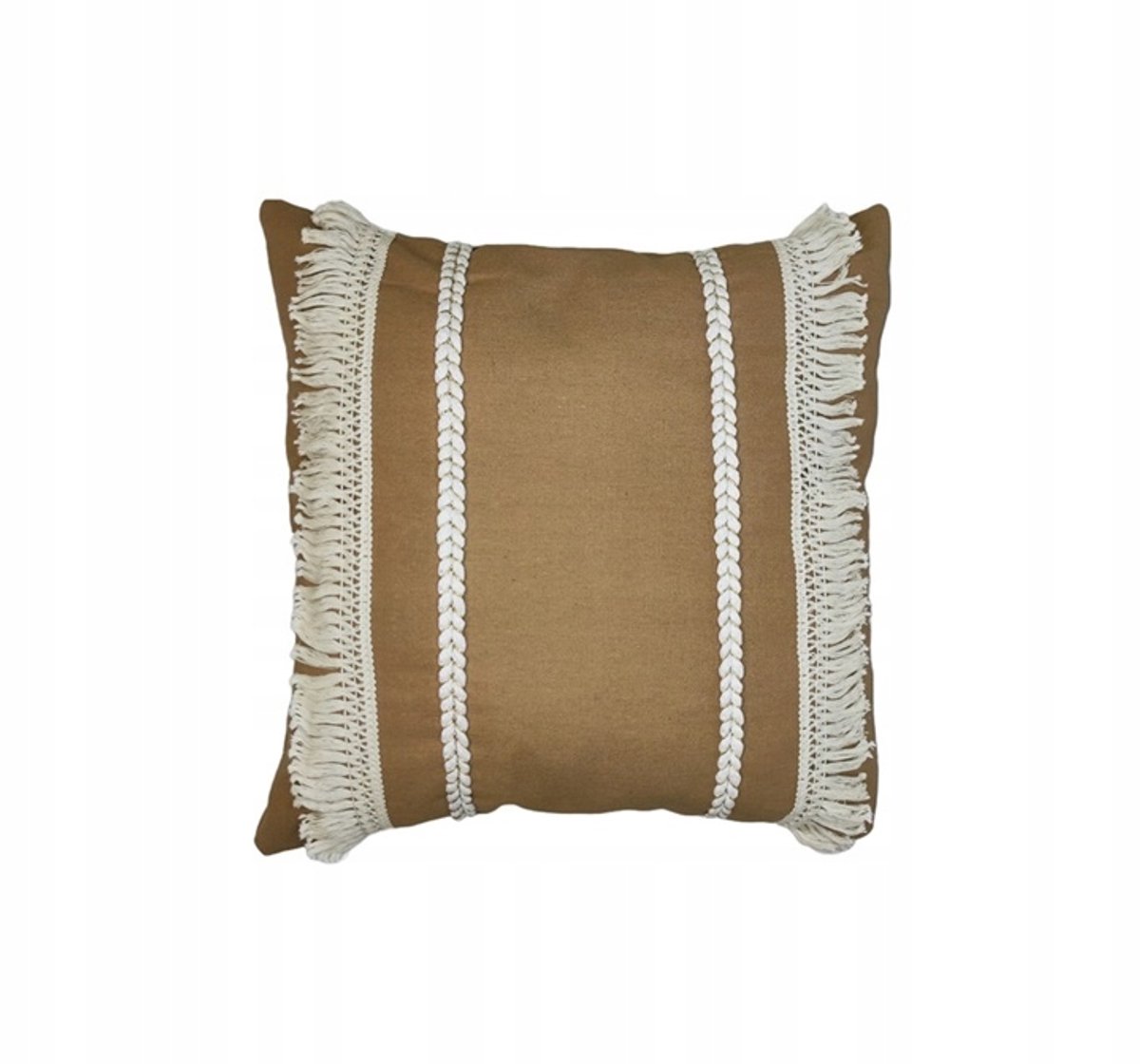Decoratieve Boho Kussen 45x45cm met Franjes en Vlechtwerk - Khaki Bruin