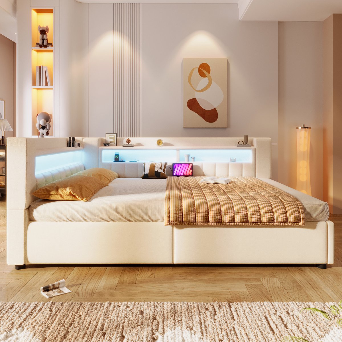 VVBV Bedbank 140x200 cm - Hydraulische Opbergruimte, USB & Type-C, LED-Verlichting, Met Planken - Beige, Linnen