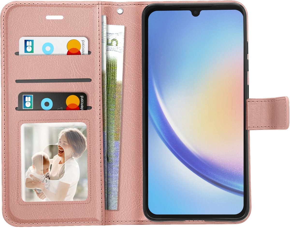 Mayaxess, Portemonnee Hoesje Geschikt voor Samsung Galaxy A34 5G met Koord en Standaard, Roségoud