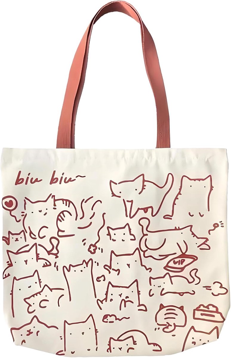 Canvas Tas 30 x 35 cm - Witte Cat Tote Bag - Met Rits - Ideaal voor Winkelen - SnelShoppen