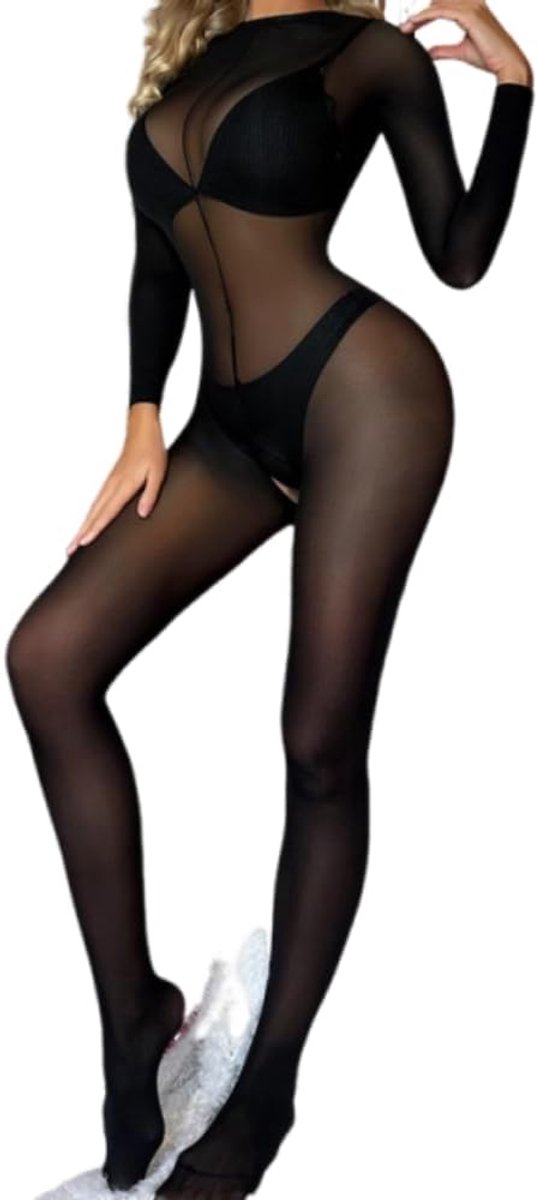 Bodystocking lange mouwen - transparant nylon - open design - sexy slaapmode - SnelShoppen