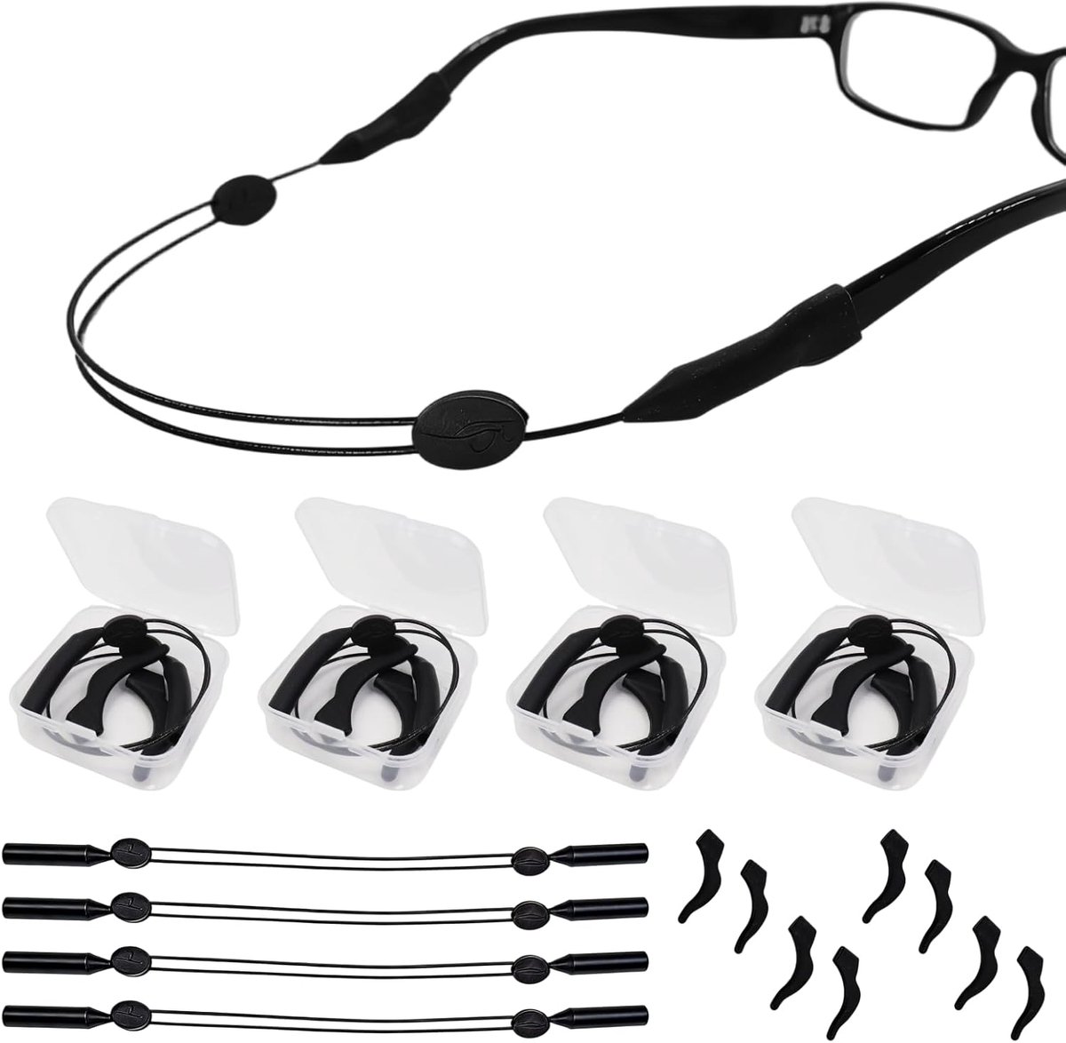 Thijox - 4x Sportbrillenband met Siliconen Oorhaken - Verstelbaar Antislip Brillenkoord voor Sport- en Zonnebrillen, Joggen, Fitness, Fietsen, Outdoor