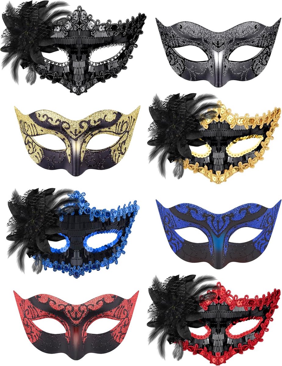 Venetiaanse maskers voor gemaskerd bal - 8 stuks - kleurrijke ontwerpen - perfect voor feestelijke gelegenheden - SnelShoppen