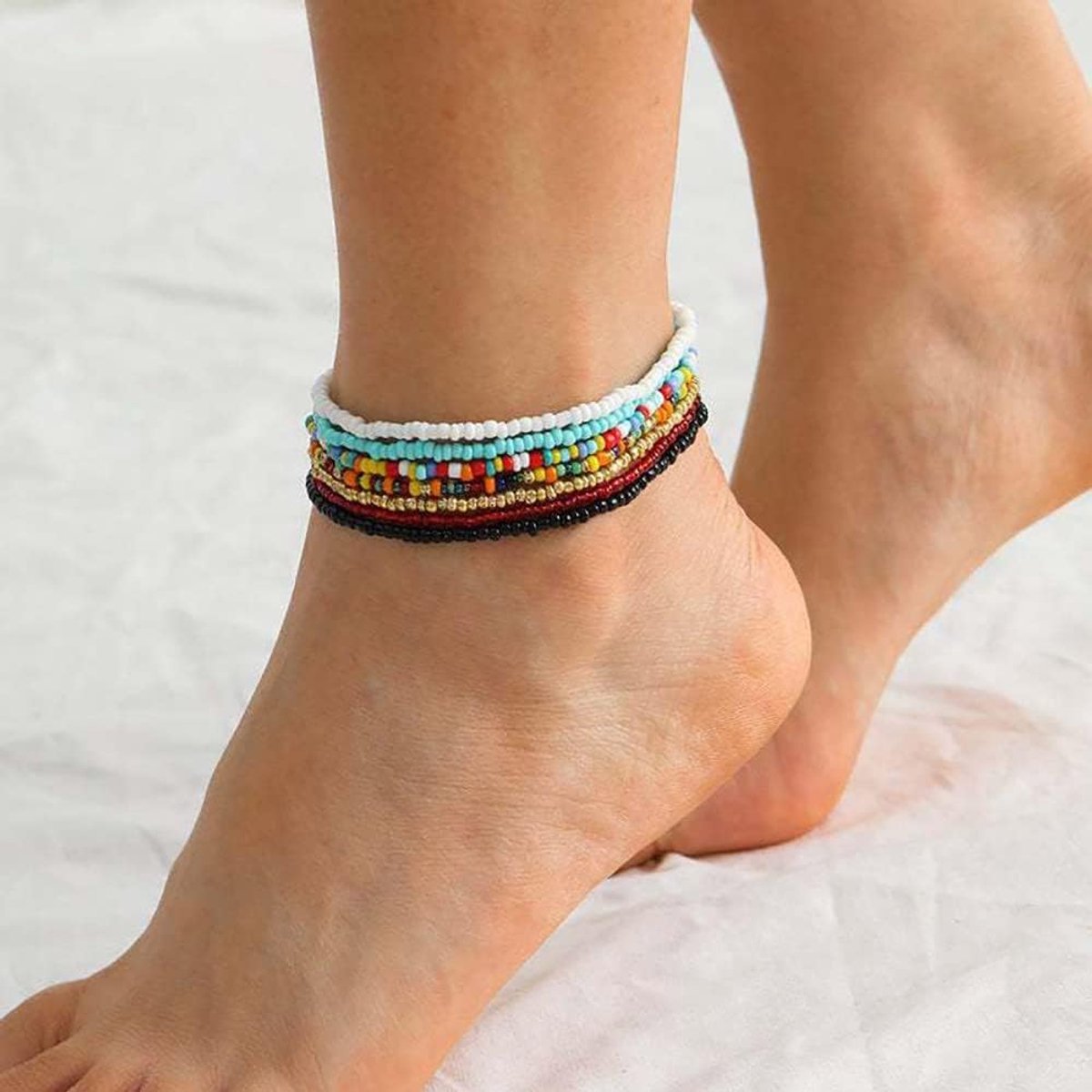 Enkelbandjes set 7-delig - handgemaakt elastisch - kleurrijke kralen - perfect voor de zomer - SnelShoppen