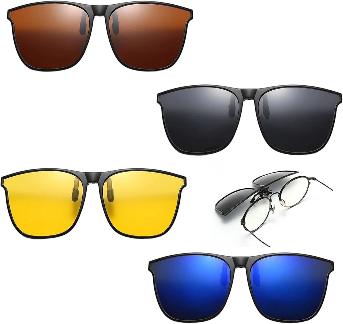 Clip-on zonnebrillen set van 4 - gepolariseerd - voor mannen en vrouwen - ideaal voor onderweg - SnelShoppen