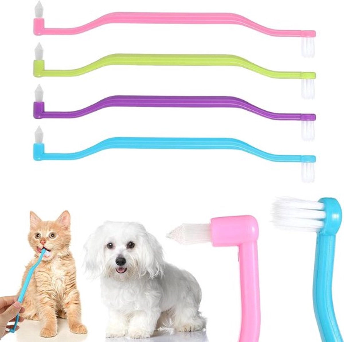 4 stuks dubbelzijdige kattentandenborstel hondentandenborstel met microkop met gebogen handgreep tandverzorgingsaccessoires voor katten en kleine honden vermindert tandsteenvorming