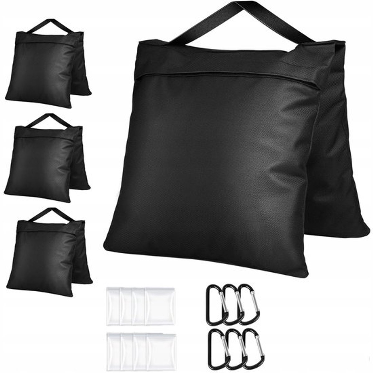 4 Stuks Zandzakken - Verzwaringsvoet - Verzwaringszakken - 60.5 x 26.5 cm - 800D Oxford - Zwart - 12kg - Met Metalen Klemmen - Voor Tent & Statief