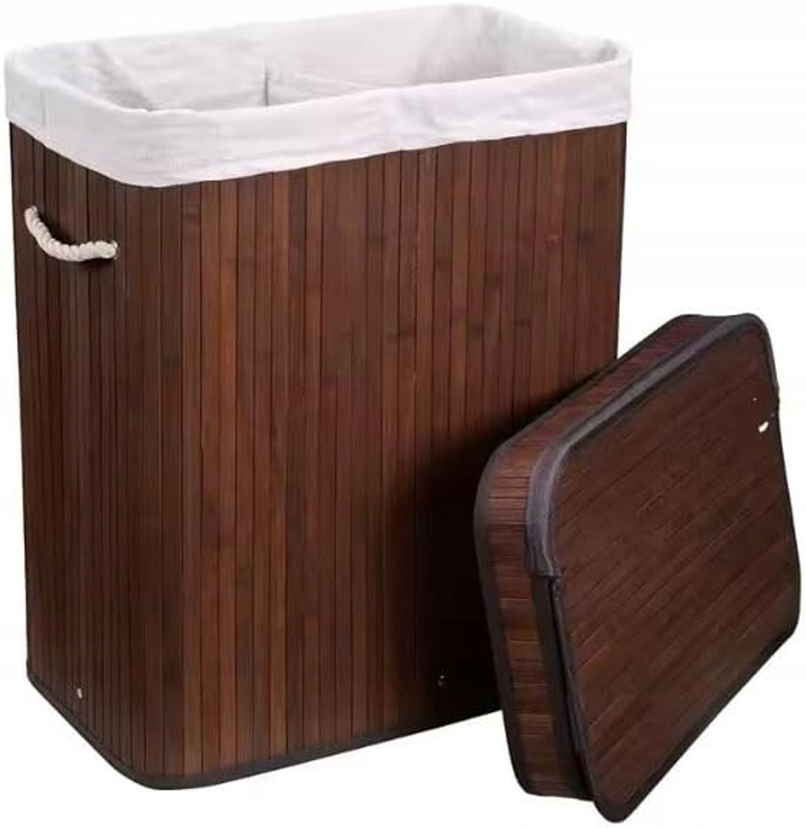 Merkloos Bamboe wasmand met 2 vakken en deksel - 72L