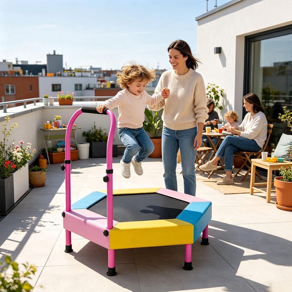 Kindertrampoline - Springtoestel - Binnen Spelen - Verstelbaar Handvat - 3 meter - Roze