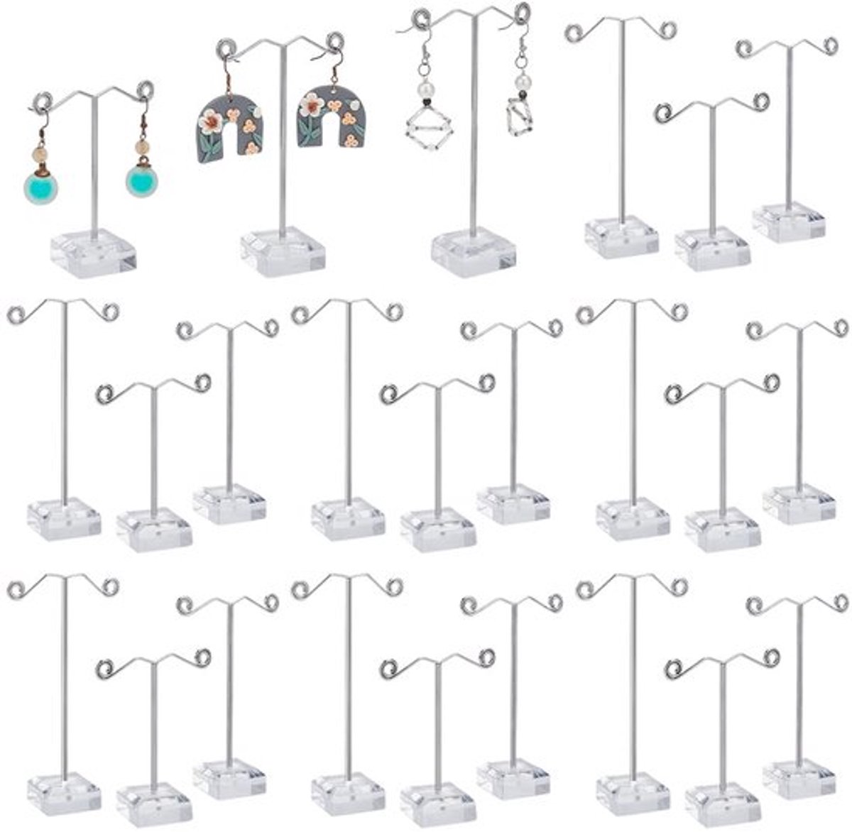 24 stuks T-bar oorbellen-displaystand, 3 hoogtes, metalen oorbellenhouder met acrylbasis, heldere sieradenorganizer-stand voor oorbellen, stijlvolle sieradenopslag, fotografieprop