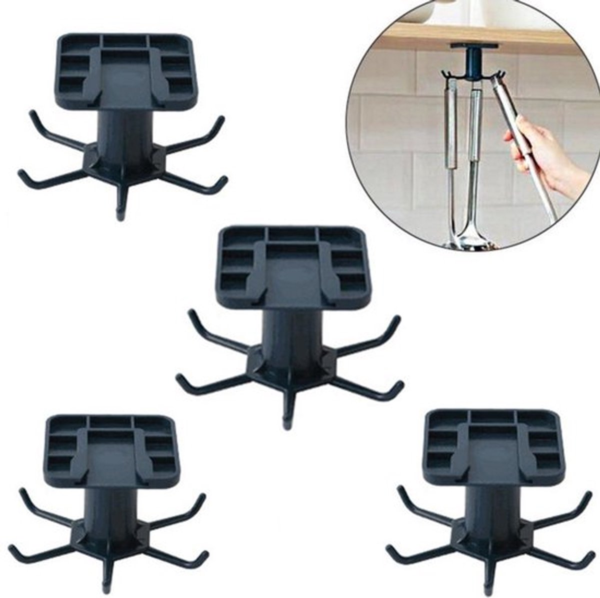 4 stuks Keukenrek Hangend - Zelfklevende Ophanghaak Met 6 Haken - Keukenhouder - 360° Graden draaibare - handdoekhaak - Keukengerei houder - ophangrekje - voor Spatels, Soeplepels, Messen en Keukengerei
