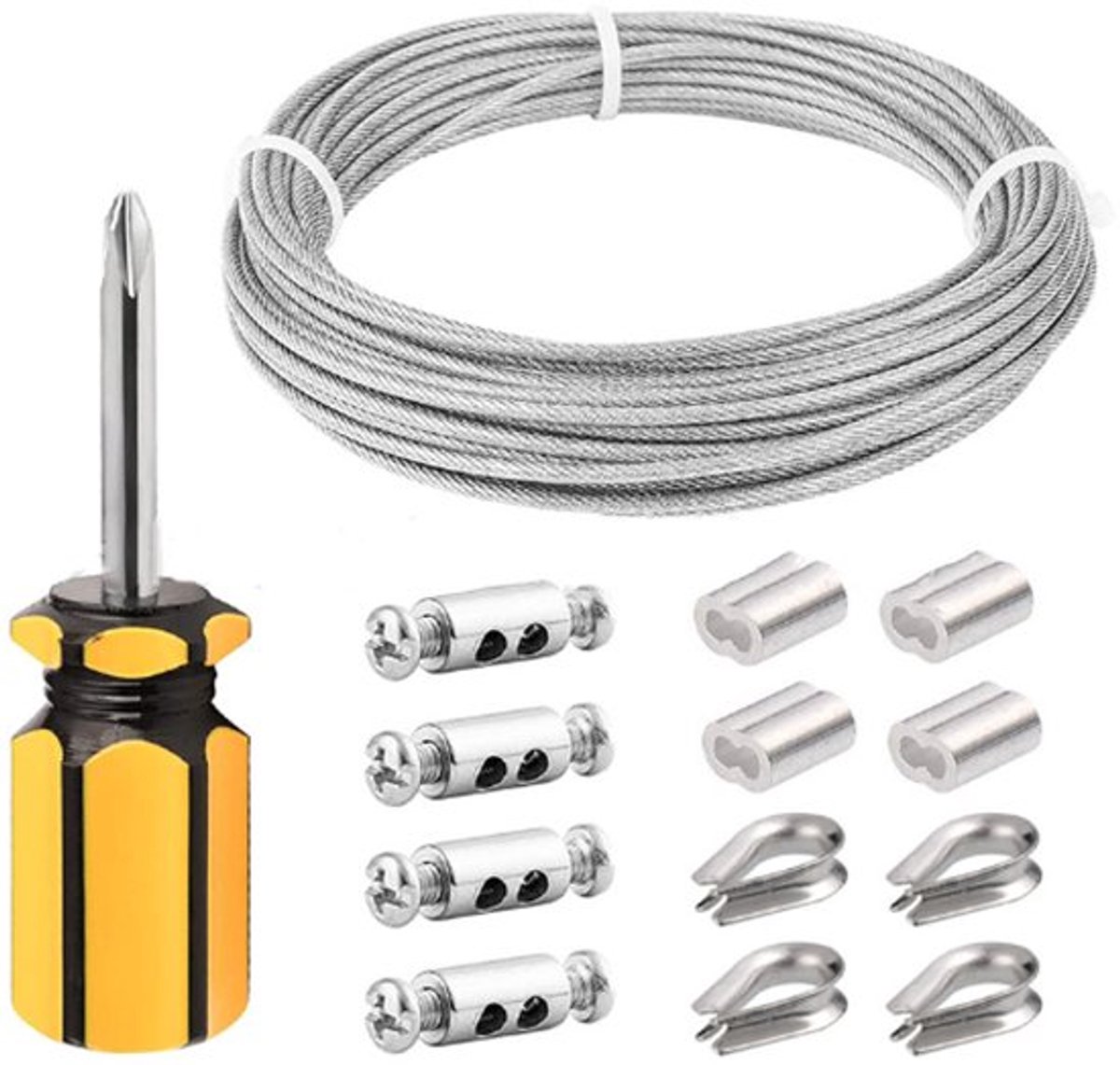14 Stuks Staalkabelset - 10M Draadkabel - 3 mm Diameter - Staalkabel met Bevestigingen - Voor Buiten Tuin - M4 Spanschroef - Buiten metalen kabel - Waslijn - Voor Tenttouw, Waslijnen & Buitenverlichting