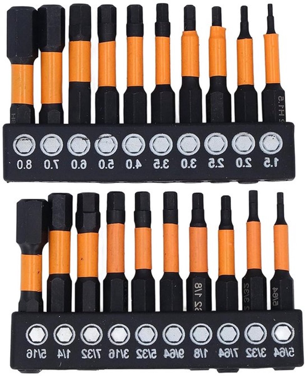 20-delige zeskant-bitset met magnetische bits, geschikt voor 1/4 inch schacht, inclusief metrische en imperiale maten